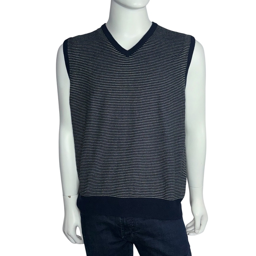 J.Crew Mens XL Navy Blue Striped Cotton Cashmere V-Neck Sweater Vest 92080 SP08